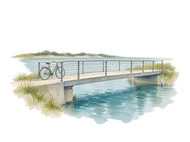 水面上の一般的な橋の一部分と自転車で対岸への移動を示す概念画。リムフィヨルド橋やクルトゥアブローの構造・形状の再現ではありません