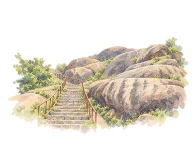オルモ・ロックの丸い花崗岩と石段を描いた部分図