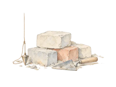 石材とこて、下げ振りを描いた街の再建の概念画