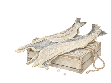 塩干しタラと木箱を描いた加工・交易の概念画。特定の博物館資料や商標を再現したものではありません。