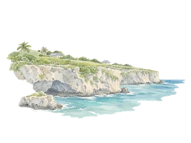 隆起サンゴ礁の海岸と上段の土地でアロフィの地理を表す概念画。特定の眺望や正確な地図の再現ではありません