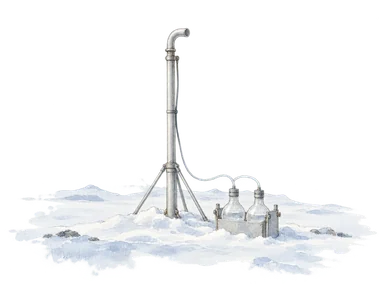 雪面の空気取入口と採取瓶で大気観測を表す概念水彩。NOAA観測所の実際の建物や機器配置の再現ではない。