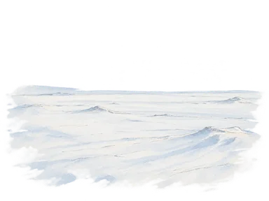 南極点周辺の平坦な内陸氷原を表す概念水彩。特定地点の写景ではなく、海や山、動物は描いていない。