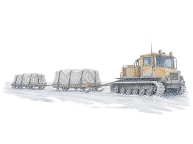 平坦な雪原で貨物そりを引く一般的な履帯車の概念水彩。特定の車種、実在の隊列や輸送装備の再現ではない。