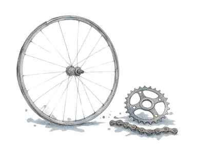 自転車の仕組みを学ぶ活動を表す、車輪と歯車の概念画。