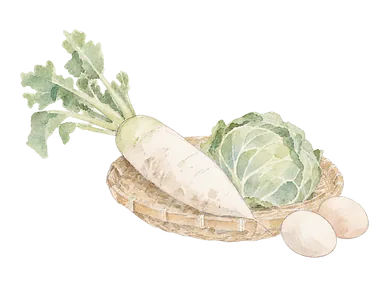 野菜の入った無地の収穫かごと卵で農園の生産を表す概念画