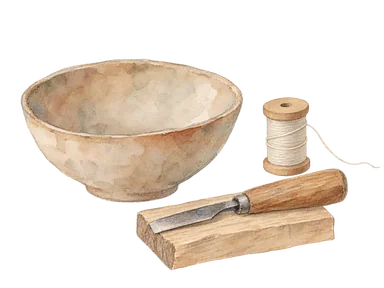無地の陶器と糸と木工道具を並べた手仕事の概念画