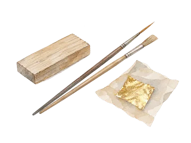 木材と筆と金色の薄片で美術保存を表す概念画、特定収蔵品は描かない