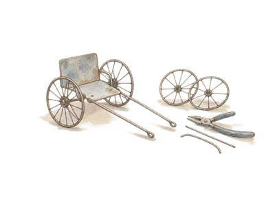 再利用金属片と車輪を組み合わせる小さな二輪模型の概念画。Mamyの固有作品や未見の衣装・儀礼を再現しない。