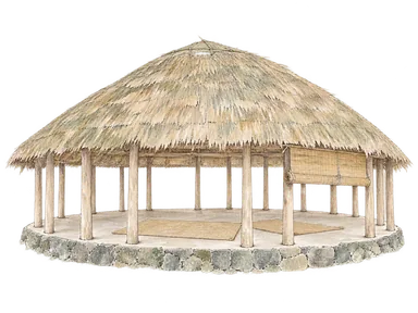 柱と丸い屋根を持つ一般的なサモアのファレを表した概念画。特定の集会所ではありません