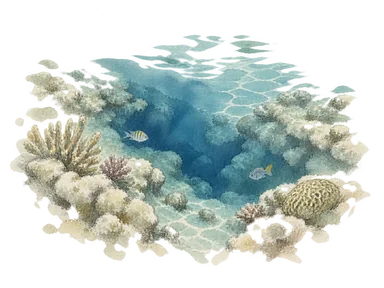 浅いサンゴ礁と深いくぼみの違いを表す海の概念画。パロロ・ディープの正確な海図ではありません