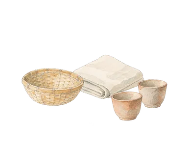 無地の織物、一般的な編み籠と小さな素焼きの器で工芸品販売を表す概念画。未確認の民族文様・儀礼・特定ジェベナの形を創作していません
