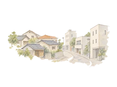 異なる密度の道と小さな建物を並べた地区の概念画。特定地区の家屋、住民の衣装、植民地期の境界線を復元していません