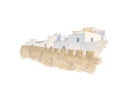 公開写真の石の城壁と背後の白い建物だけを参考にした水彩。前景の墓所や未見の城壁は省略。