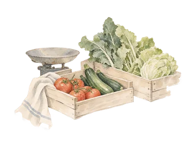 野菜の木箱とはかりを描いた食料市場の概念画