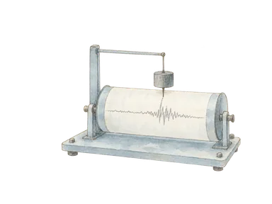 地震計を模式的に描いた観測の概念画。1990年当時の特定機器、被災建物、崩壊現場や今後の危険を表す図ではない。