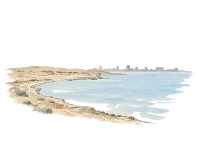 低い半島と水面でカスピ海沿岸を表す概念画。バクー湾の正確な地図や特定地点の眺望ではありません