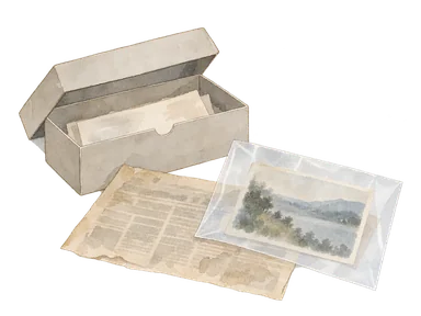 無記名の古い新聞と写真の保存袋と資料箱を表す地域調査の概念画