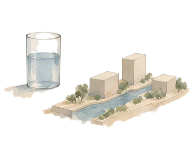 水文観測の道具と都市模型の概念画