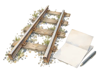鉄道と行政の歴史を表す古い線路と無記名書類の概念画