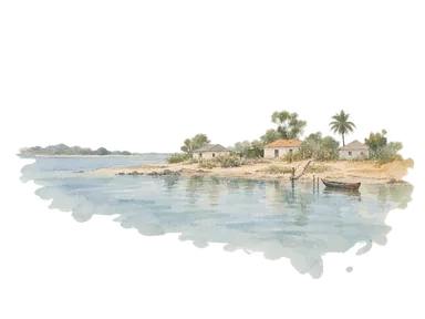 低い家並みと川岸で表した河口の島の街の概念画。バンジュールの正確な地図や固有建築ではありません