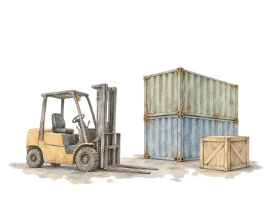 フォークリフトと貨物箱で表した荷役の概念画。実際の港湾設備、事業者や配置の再現ではありません