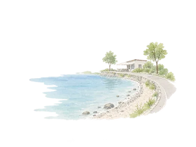 湖岸の道と浜辺の入口を描く一般概念画。特定の浜の形や実際の道路配置、現在の施設ではない