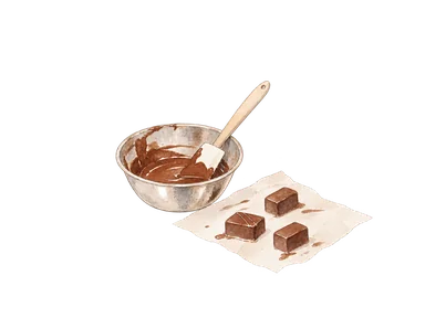 溶かしたチョコレートのボウルとへら、簡素な菓子を描く製造の概念画。特定企業の商品や包装ではない