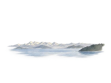 実写真を参考にナウエル・ウアピ湖と遠くの雪山を省略した水彩。前景の建物や電線は省く