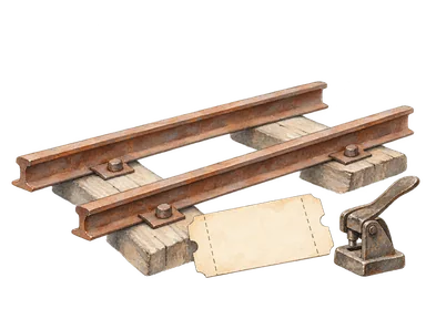 歴史的な鉄道交通を表す線路片と切符用具の概念画
