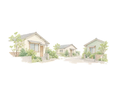 町の住宅地の広がりを表す一般的な小住宅と道の概念水彩。特定地区の建物を復元していません。