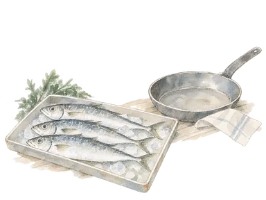 魚の売り場と調理用の鍋で魚市場の購入・調理を表す概念画。特定の店や魚種の図鑑的再現ではありません