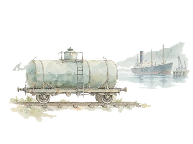 タンク貨車と遠景の船で石油の鉄道・海上輸送を表す概念画。1883年当時の車両や港湾施設の正確な復元ではありません