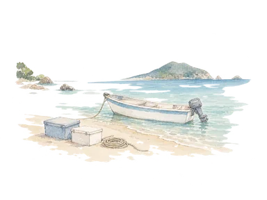 小型の釣り船と岸に置いた無銘の容器の概念画。特定船型、漁獲種、港設備や現在の水揚げ量を再現しない。