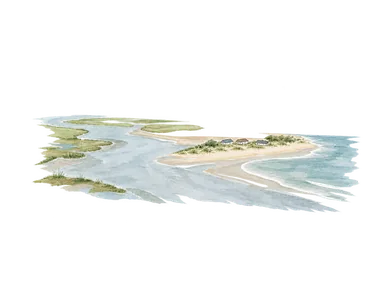 川の河口、海沿いの細い砂地と低い家並みでベイラの地理を表す概念画。実際の海岸線・地区・河道や建物配置を再現した地図ではありません