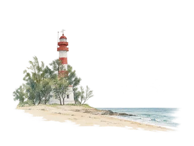 mozmamavickiの2006年写真を参考にしたマクティ灯台の部分景。赤白帯の細い円塔、灯室、白い基部、手前の砂浜と木を残して省略し、写真外の構造は補っていません