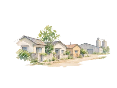 低い住宅と少数の倉庫、遠いサイロ、通りを配した産業・住宅地区の概念画。ムニャヴァの実際の街路や特定施設の形状、稼働状況を再現していません