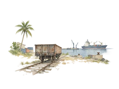 一般的な貨物列車と岸壁を遠くに配し、港と鉄道の接続を表す概念画。1966年駅舎の建築、特定の列車や実際の線路配置は再現していません