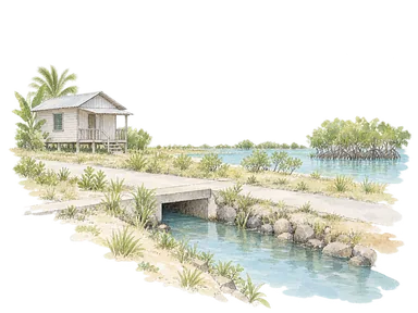 排水路、暗渠と平らな住宅地で表した都市の排水の概念画。特定の地区や防災施設ではありません