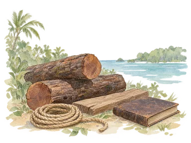 木材、板と帳簿で植民地期の木材交易を表した想像図。実在の作業場や史料の再現ではありません