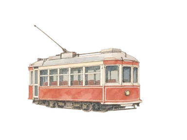 2016年の写真を参考に描いた赤い路面電車。人物・文字・背景を省略。