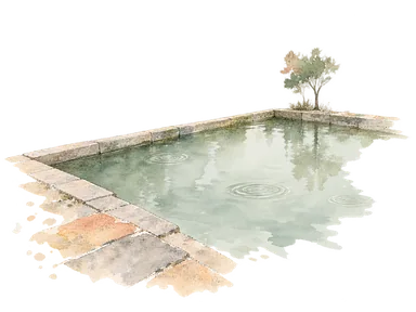 池の水面と石の縁による都市の水施設の概念画。シッダ・ポカリの正確な寸法、像や周辺建築を再現していません