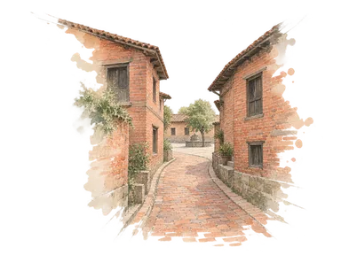 レンガ敷きの道と簡素な住宅でバクタプルの街路を示す概念画。特定の通り、寺院や正確な街区配置を再現していません