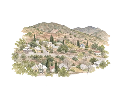 実写真を参考にクオリティ・ヒルの斜面住宅と段状の敷地を省略した水彩。家の全配置や現況を示す地図ではない