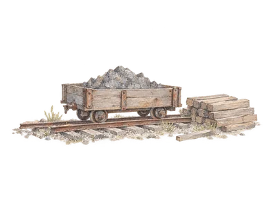 鉱石用の小型貨車と製材の束を描く鉄道輸送の概念画。実際の車両形式や駅の復元ではない