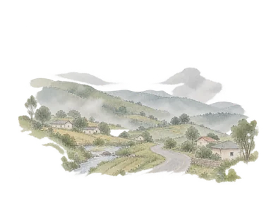 シレ高地の丘と小川、道路沿いの市街地の概念画。特定の山や正確な市街地配置ではない。