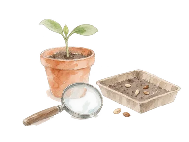 農学の学習を表す、無名の鉢植えと種子皿、簡素なルーペの概念画。