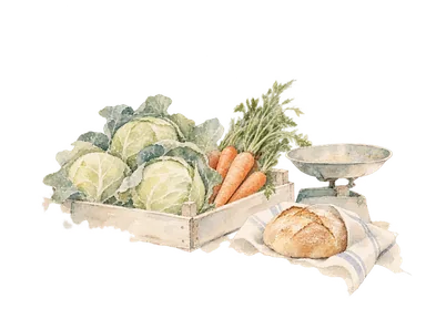 野菜の箱とパン、はかりを描いた市場の概念画