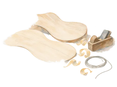 楽器づくりの木材とかんな、弦を描いた概念画