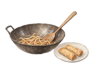 中華鍋と平たい麺、巻いた料理を描いた屋台料理の概念図。特定店の料理の再現ではない